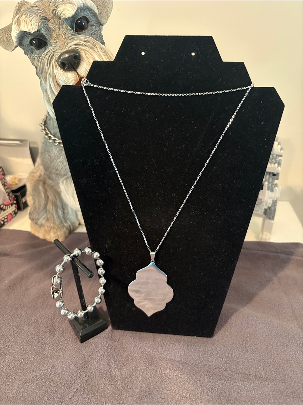 Silver Tag Necklace and Beaded Bracelet Set - Silver